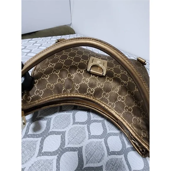 Authentic GUCCI GG Fabric Abbey Medium D-Ring Hobo Bag Gold Golden Brown - Picture 7 of 14